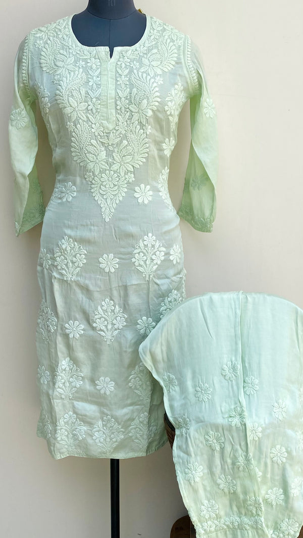 Lucknowi Chikankari Co-ord Set Green Muslin Cotton With Self 3D Work