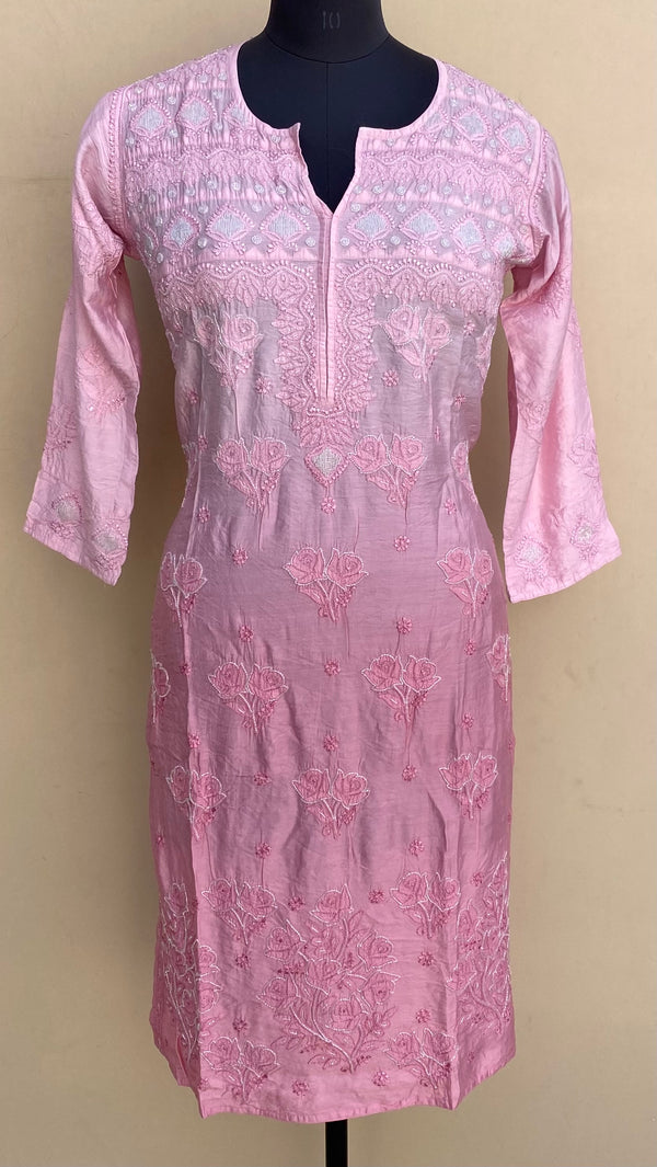 Lucknowi Chikankari Ombre Kurti Pink Muslin Cotton With Cutdana,Resham & Applique Work