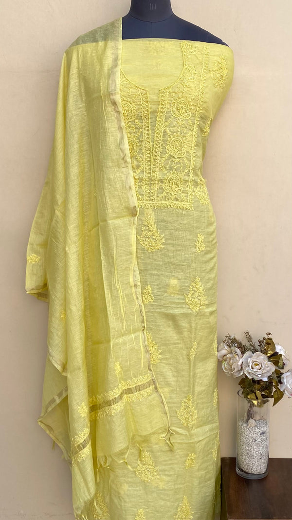 Lucknowi Chikankari Suit Length 2 Piece Yellow Mal Chanderi With Pearl & Sequence Work