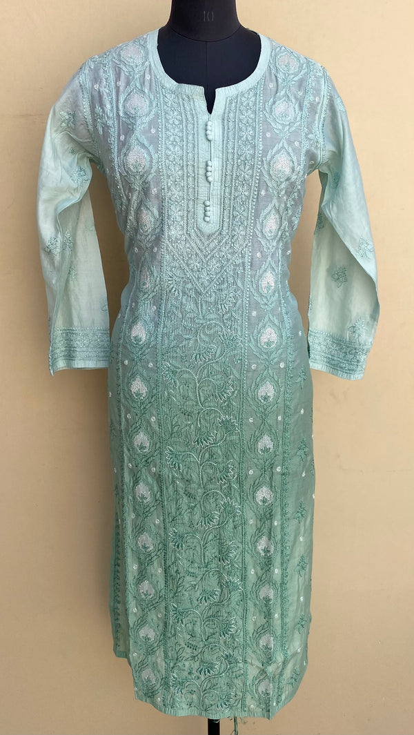 Lucknowi Chikankari Ombre Kurti Teal Green Muslin Cotton With Cutdana & Resham Work