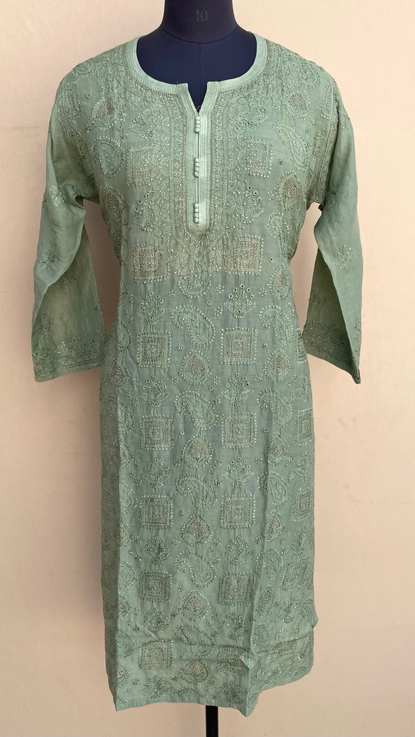 Lucknowi Chikankari Ombre Kurti Teal Green Muslin Cotton With Mukaish & Resham Work