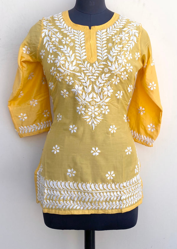 Lucknowi Chikankari Short Kurti Yellow Muslin Cotton