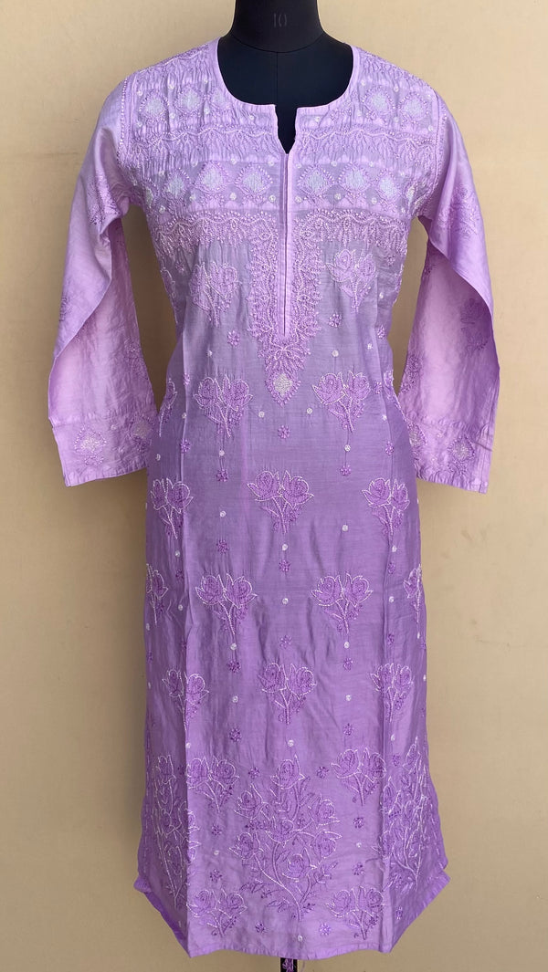 Lucknowi Chikankari Ombre Kurti  Purple Muslin Cotton With Cutdana, Resham & Applique Work