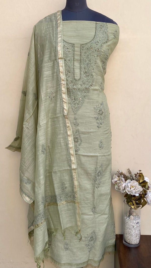 Lucknowi Chikankari Suit Length 2 Piece Green Mal Chanderi With Pearl & Sequence Work