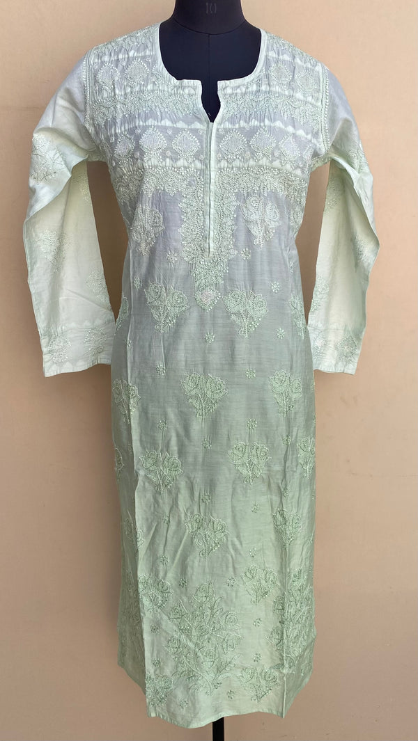 Lucknowi Chikankari Ombre Kurti Pista Green Muslin Cotton With Cutdana,Resham & Applique Work