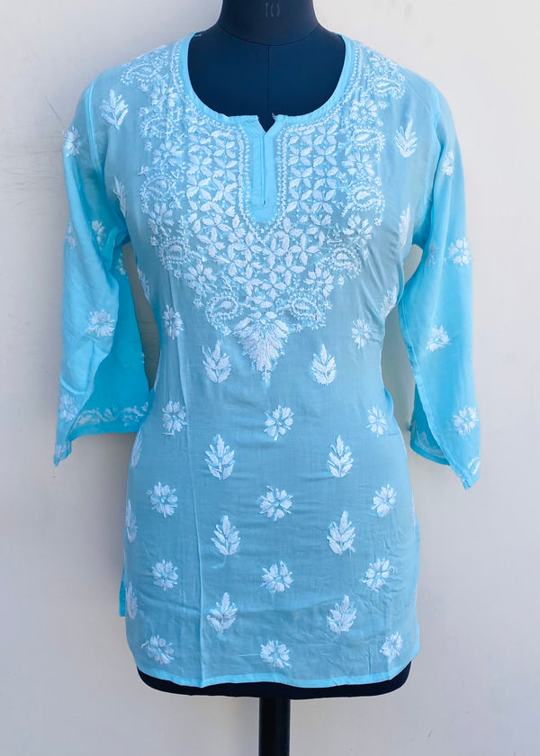 Lucknowi Chikankari Short Kurti Blue Muslin Cotton