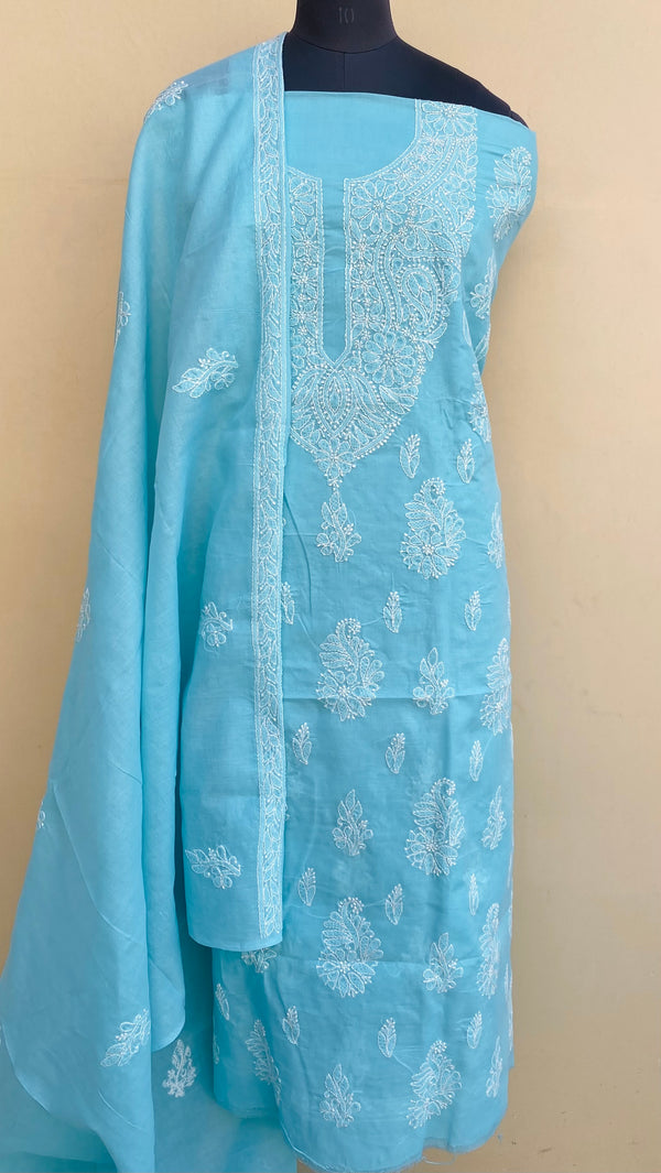 Lucknowi Chikankari Suit Length 3 Piece Blue Cotton With Embroidered Cotton Dupatta