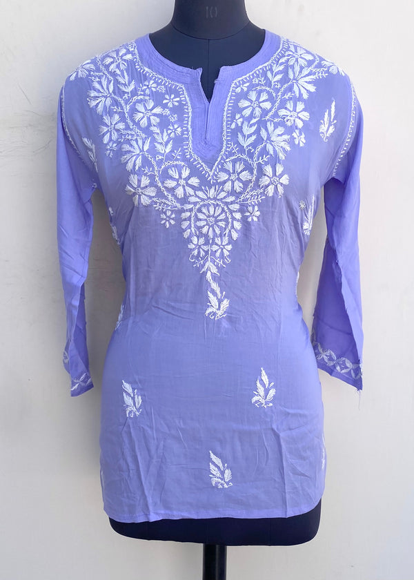 Lucknowi Chikankari Short Kurti Purple Muslin Cotton