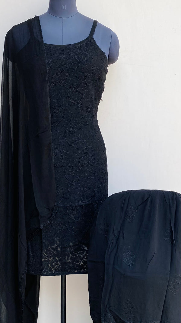 Lucknowi Chikankari Noodle Strap Co-ord Set Black Pure Georgette With Resham Work