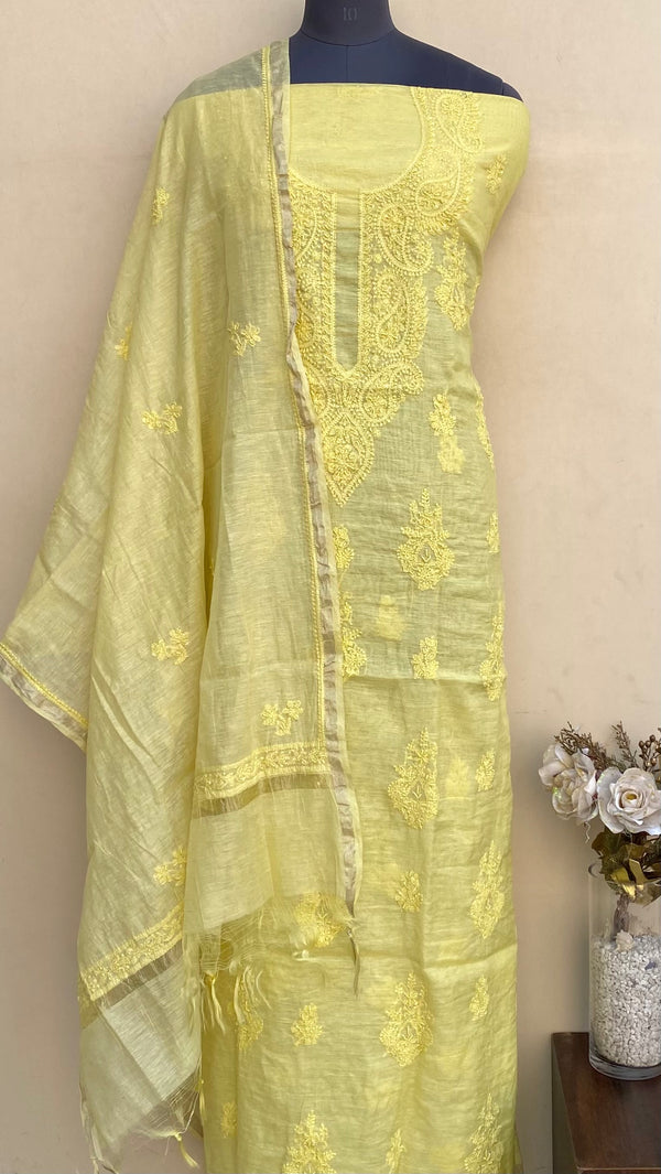 Lucknowi Chikankari Suit Length 2 Piece Yellow Mal Chanderi With Pearl & Sequence Work