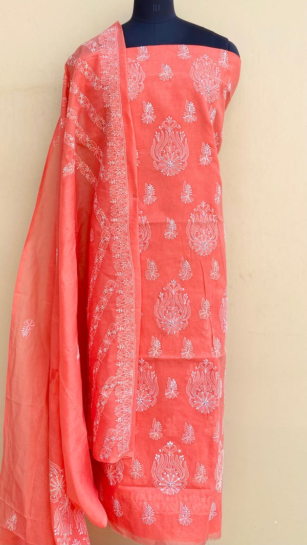 Lucknowi Chikankari Suit Length 3 Piece Gajri Cotton With Embroidered Cotton Dupatta