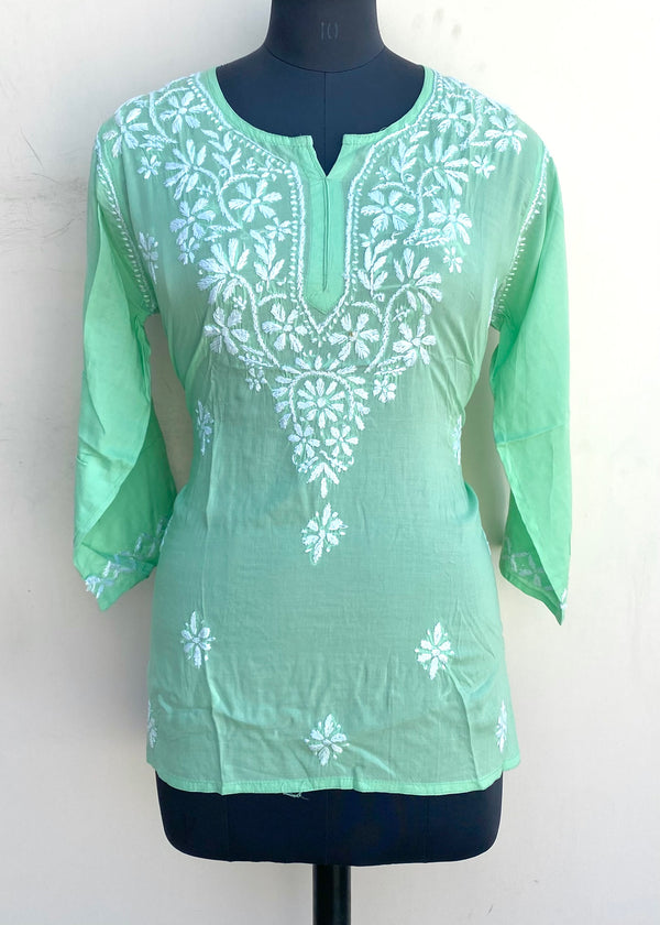 Lucknowi Chikankari Short Kurti Green Muslin Cotton