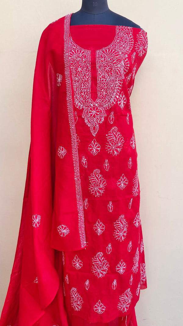 Lucknowi Chikankari Suit Length 3 Piece Red Cotton With Embroidered Cotton Dupatta