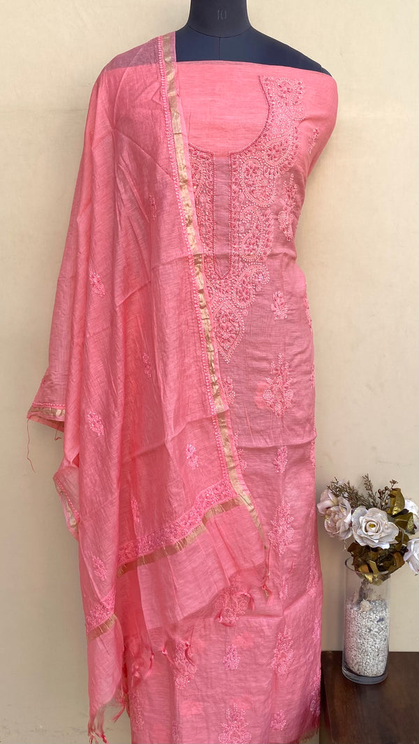 Lucknowi Chikankari Suit Length 2 Piece Gajri Mal Chanderi With Pearl & Sequence Work