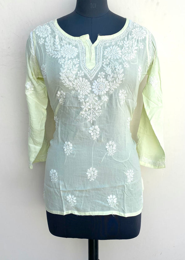 Lucknowi Chikankari Short Kurti Lemon Yellow Muslin Cotton