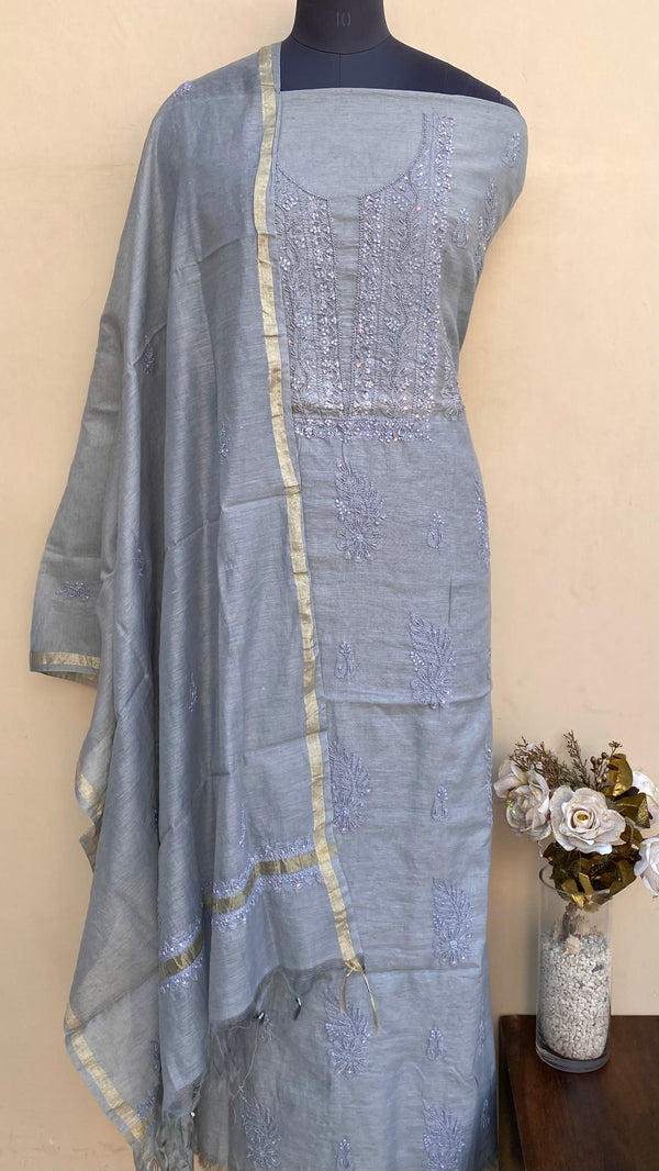 Lucknowi Chikankari Suit Length 2 Piece Gray Mal Chanderi With Pearl & Sequence Work