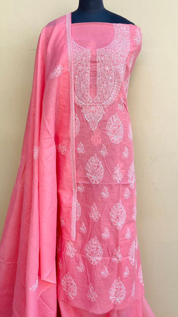 Lucknowi Chikankari Suit Length 3 Piece Pink Cotton With Embroidered Cotton Dupatta