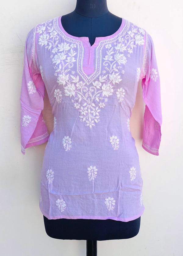Lucknowi Chikankari Short Kurti Pink Muslin Cotton