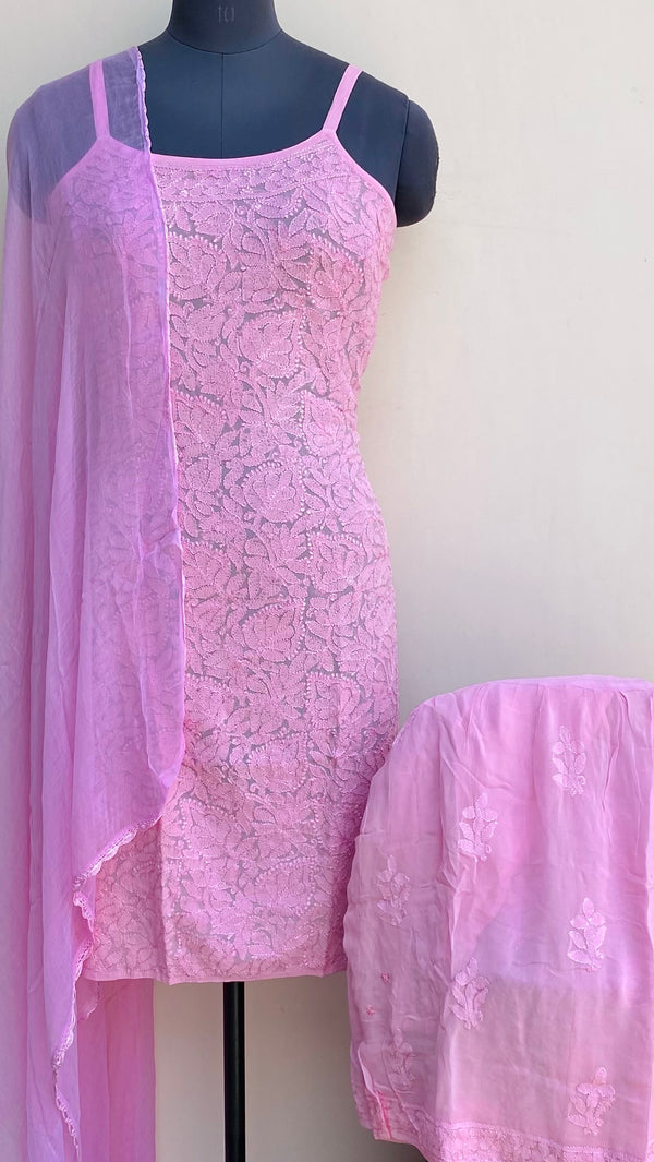 Lucknowi Chikankari Noodle Strap Co-ord Set Pink Pure Georgette With Resham Work