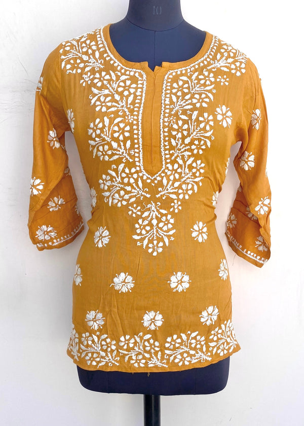 Lucknowi Chikankari Short Kurti Mustard Modal Cotton