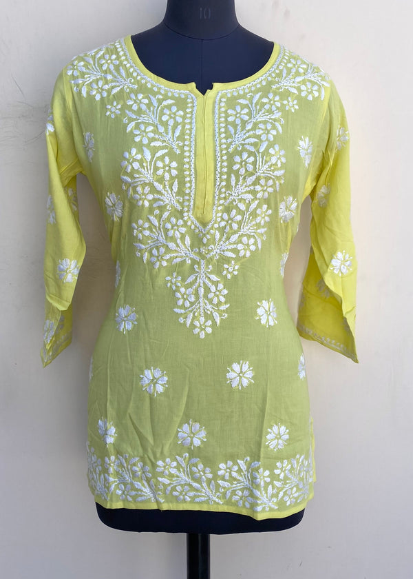 Lucknowi Chikankari Short Kurti Lemon Yellow Modal Cotton