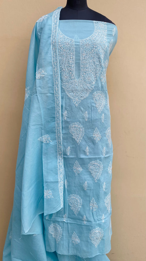 Lucknowi Chikankari Suit Length 3 Piece Blue Cotton With Embroidered Cotton Dupatta