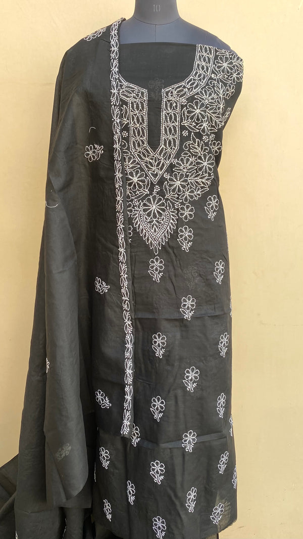 Lucknowi Chikankari Suit Length 3 Piece Black Cotton With Embroidered Cotton Dupatta