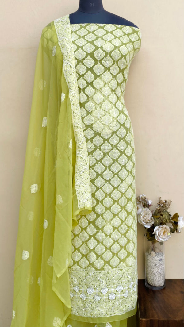 Lucknowi Chikankari Suit Length 3 Piece Mehndi Green Georgette