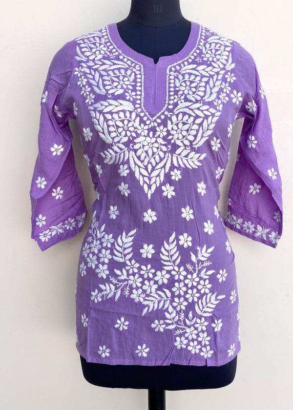 Lucknowi Chikankari Short Kurti Purple Modal Cotton