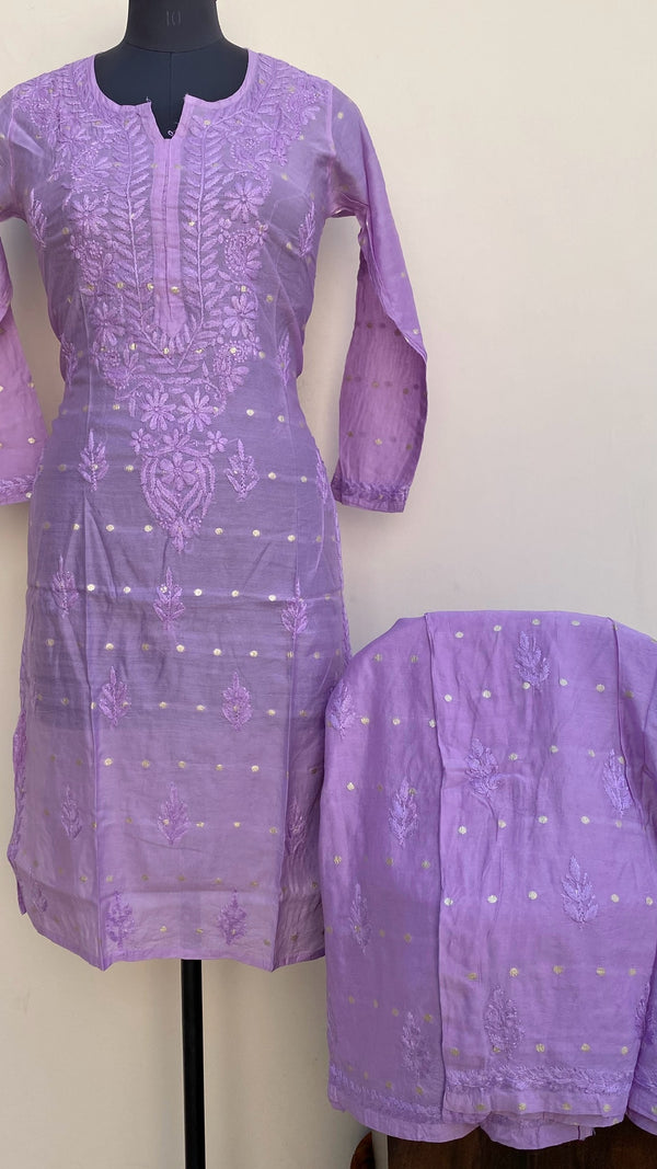 Lucknowi Chikankari Co-ord Set Purple Mal Chanderi With Self Work