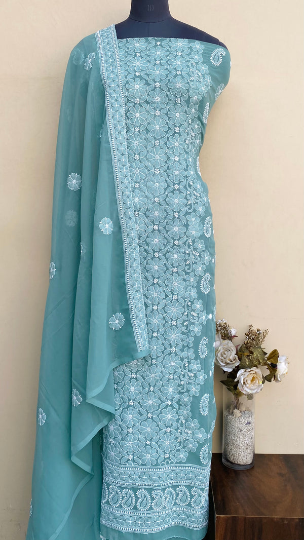 Lucknowi Chikankari Suit Length 3 Piece Teal Green Georgette