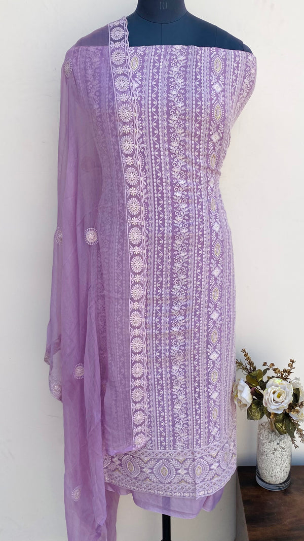 Chikankari Suit Length 3 Piece Purple Georgette
