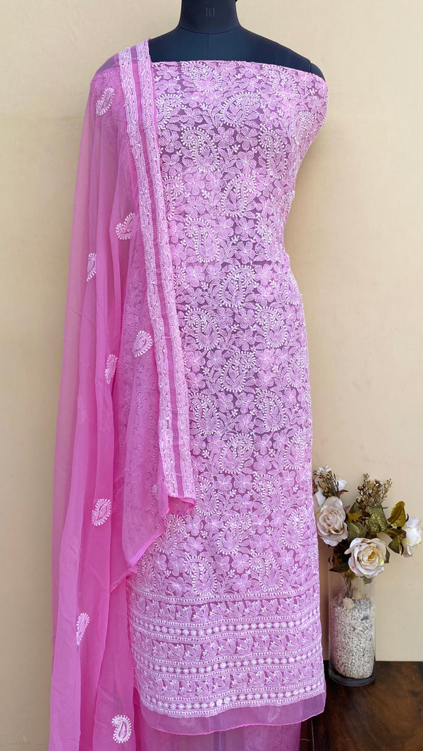 Lucknowi Chikankari Suit Length 3 Piece Pink Georgette