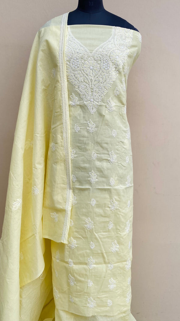 Lucknowi Chikankari Suit Length 3 Piece Lemon Yellow Cotton With Embroidered Cotton Dupatta