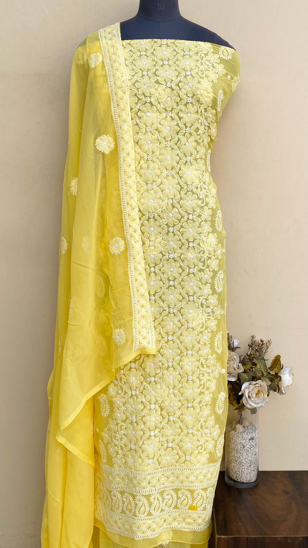 Lucknowi Chikankari Suit Length 3 Piece Yellow Georgette