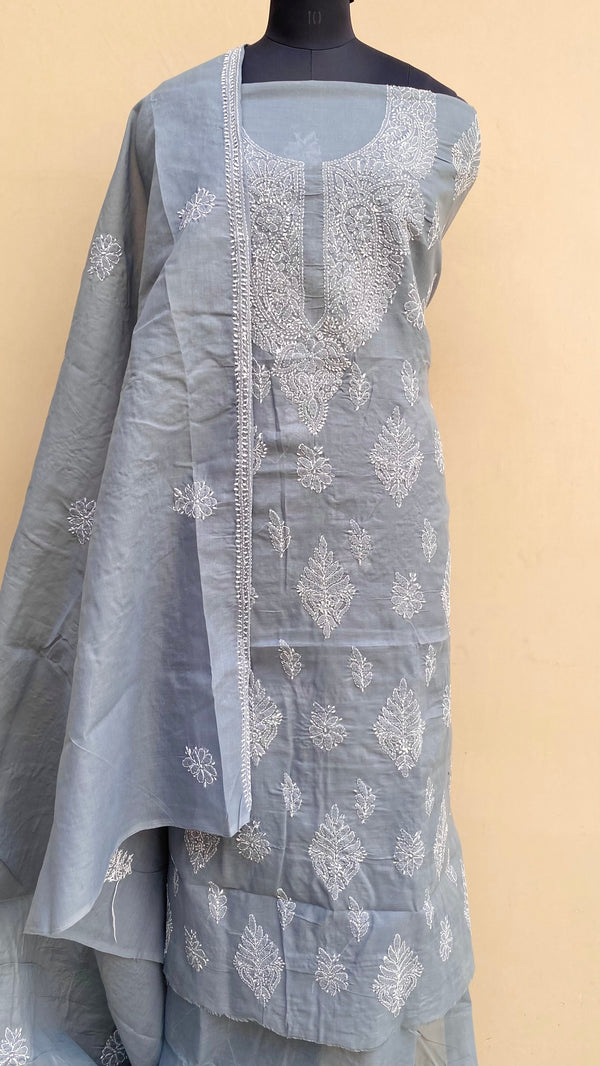 Lucknowi Chikankari Suit Length 3 Piece Gray Cotton With Embroidered Cotton Dupatta