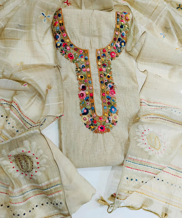 Embroidered Kantha Suit Length 3 Piece Beige Linen Cotton