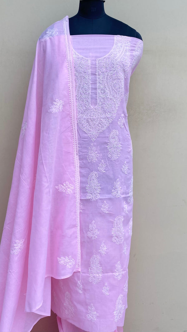 Lucknowi Chikankari Suit Length 3 Piece Pink Cotton With Embroidered Cotton Dupatta