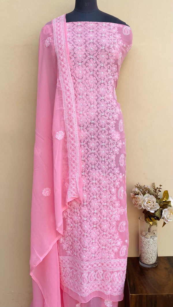 Lucknowi Chikankari Suit Length 3 Piece Pink Georgette