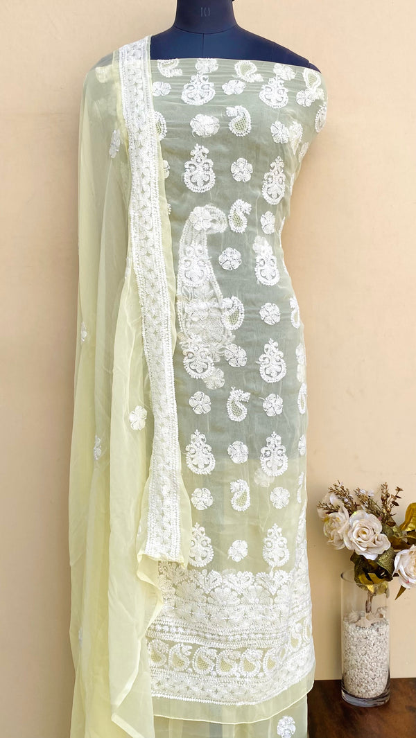 Lucknowi Chikankari Suit Length 3 Piece Lemon Yellow Georgette With Jaali Work