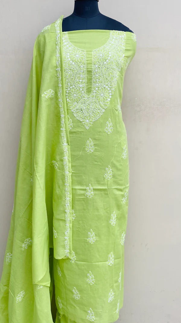 Lucknowi Chikankari Suit Length 3 Piece Parrot Green Cotton With Embroidered Cotton Dupatta