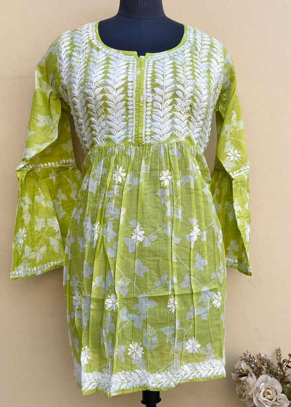 Lucknowi Chikankari Printed Short Kurti Parrot Green Mulmul Cotton