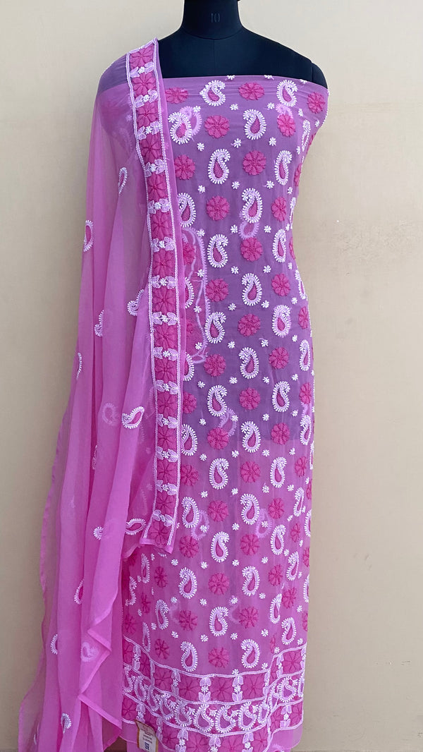 Lucknowi ChikanKari Suit Length 3 Piece Pink Georgette With Jaali Work