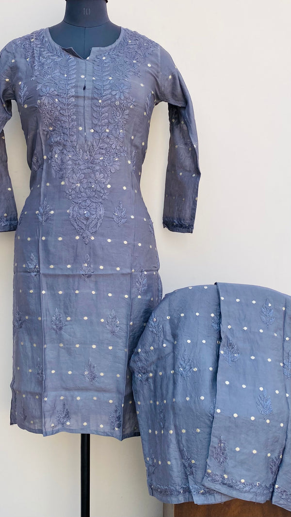 Lucknowi Chikankari Co-ord Set Gray Mal Chanderi With Self Work