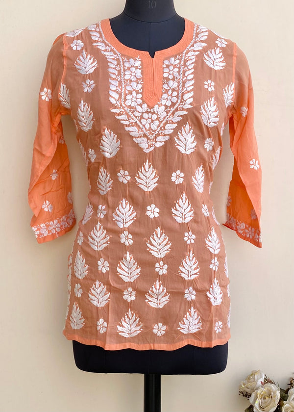 Lucknowi Chikankari Short Kurti Peach Modal Cotton