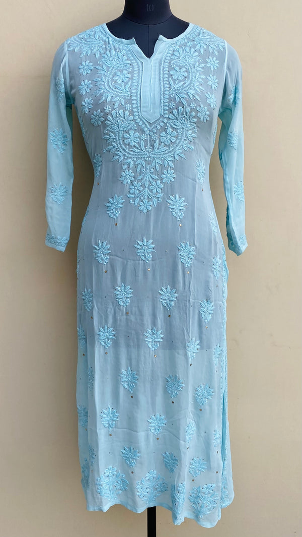 Lucknowi Chikankari Kurti Powder Blue Pure Georgette With Mukaish & Self 3D Work