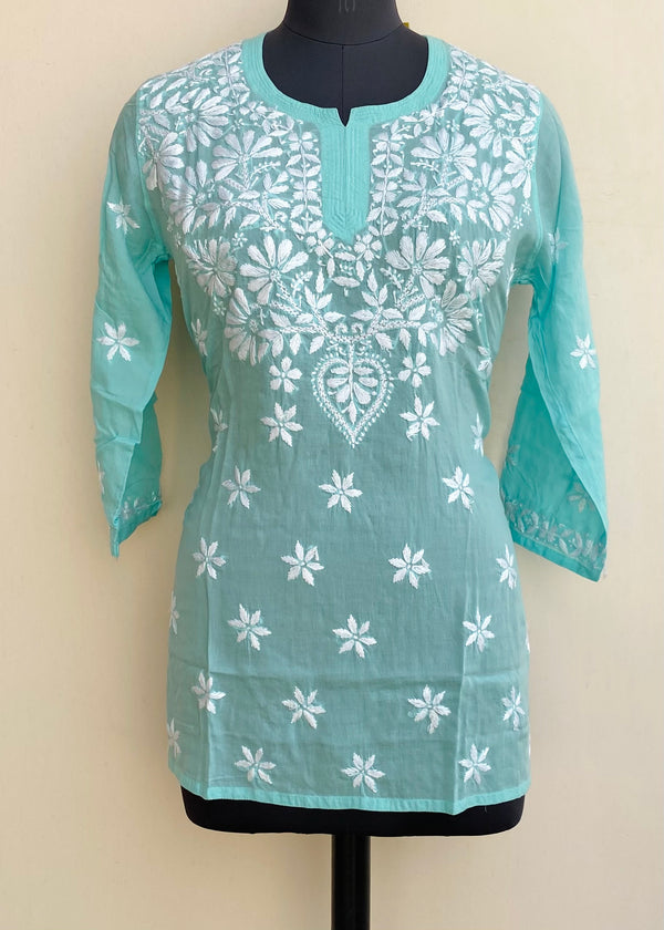 Lucknowi Chikankari Short Kurti Sea Green Modal Cotton