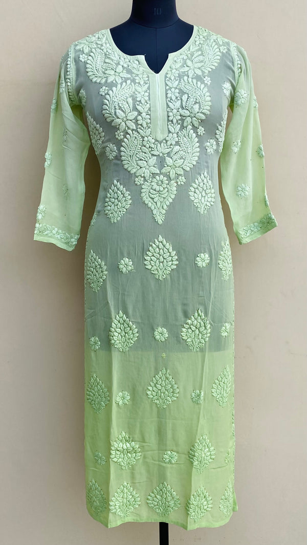 Lucknowi Chikankari Ombre Kurti Parrot Green Pure Georgette With Mukaish & Self 3D Work