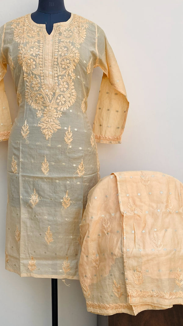 Lucknowi Chikankari Co-ord Set Peach Mal Chanderi With Self Work