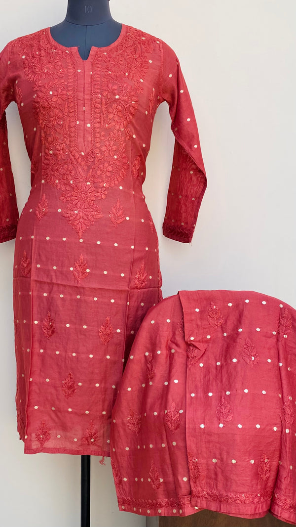 Lucknowi Chikankari Co-ord Set Maroon Mal Chanderi With Self Work